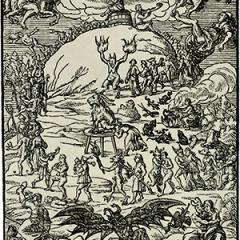 Image: Frontispiece woodcut by an unknown artist, from Performance at the Blocksberg (Blocks-Berges Verrichtung) by Johannes Praetorius [Hans Schultze], 1668 and 1669 editions.